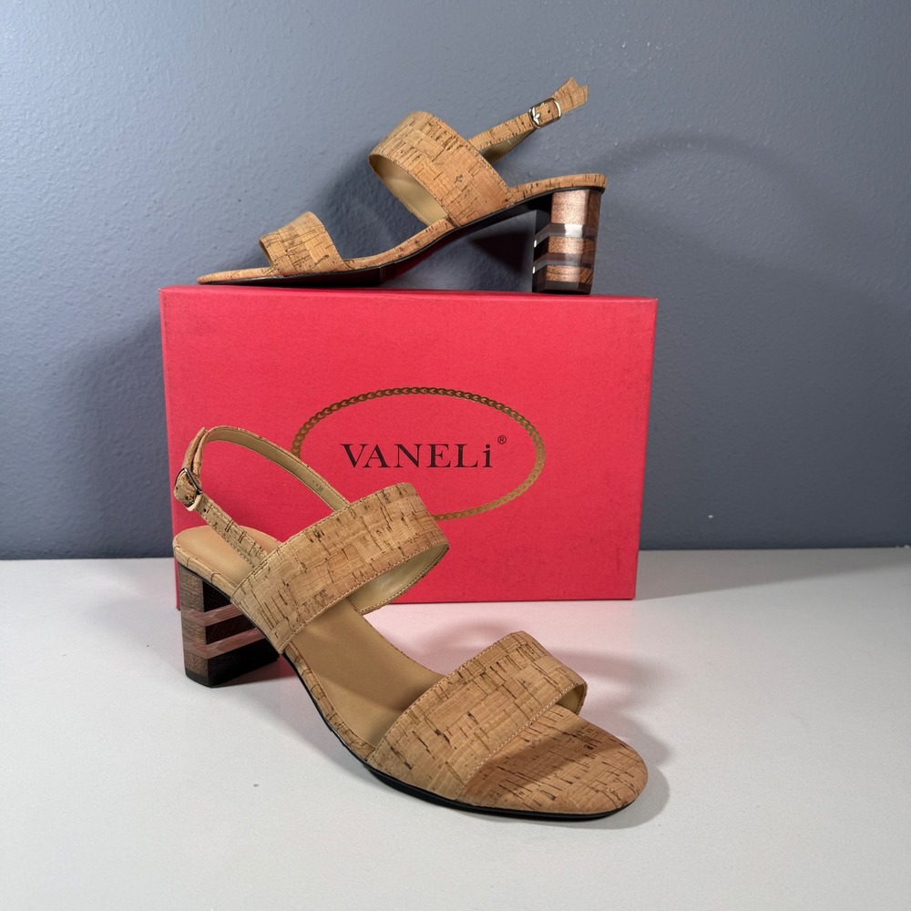 Vaneli‎ Cork Slingback Sandals Womens 11M Tan Excellent Striped Block Heel